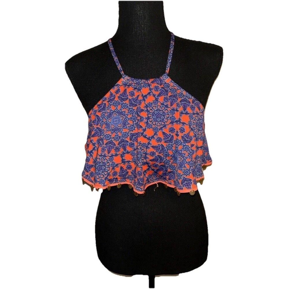 Bikini Lab S/M Padded Criss Cross Medallion Halter Crop Bikini Top Tassles